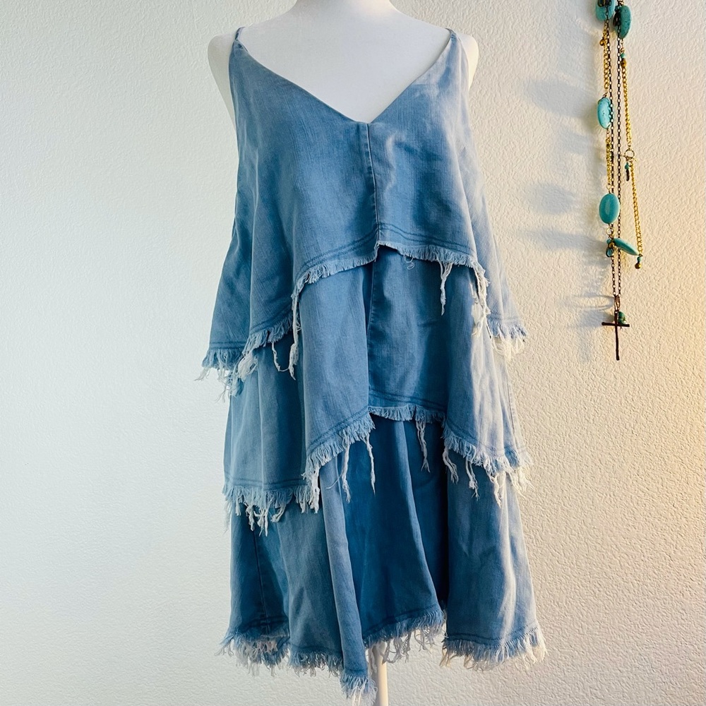 Flirty Denim Low Back Tiered Mini Dress